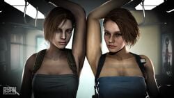 2girls 3d arm_behind_head armpit_fetish armpits bob_cut capcom duo duo_female female_only jill_valentine jill_valentine_(julia_voth) jill_valentine_(sasha_zotova) looking_at_viewer pale-skinned_female pale_skin resident_evil resident_evil_3 resident_evil_3_remake resident_evil_remake ryandoesstuff short_hair short_hair_female subway teasing_viewer