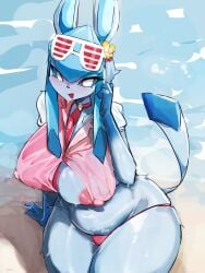 1girls absurd_res anthro anthro_only beach breasts chubby chubby_female eeveelution female female_only furry furry_only glaceon hi_res large_breasts looking_at_viewer menyang my700 nintendo pokemon pokemon_(species) solo thick_thighs thighs water wide_hips