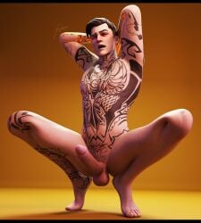 1boy 3d barefoot big_penis black_hair blush completely_nude crouching erection fortnite gold_background hands_behind_head horny horny_male male male_only midas_(fortnite) nastyrosez nude nude_male open_mouth pale_skin penis posing solo solo_male squatting tattoos tiptoes yellow_background