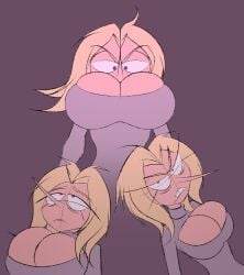 1girls 2020s 2024 2024s angry angry_expression angry_face big_breasts big_eyes blonde_female blonde_hair blonde_hair_female boob_window cartoon cartoon_eyes cartoony cleavage clenched_teeth clothed eye_bags eyelashes eyes_rolling_back female female_only grey_shirt huge_breasts long_eyelashes long_nose long_sleeves looking_down looking_down_at_viewer low-angle_view low_angle lower_view medium_hair no_bra patty_(pepperonpatty) pepperonpatty pointy_nose purple_background purple_eyes revealing_clothes tired tired_expression tired_eyes tired_look toony twitter youtube