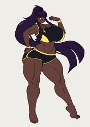 angstrom ankh clothed clothing dark-skinned_female muscular_female shorts smile sports_bra thighhighs wink