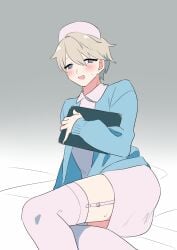 1boy akechi_hideki blonde_hair blue_eyes blush clipboard clothed clothing crossdressing kashii_kaoru looking_at_viewer mahjong_soul male_focus male_only nurse_uniform on_bed skirt thighhighs