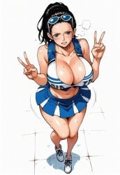 ai_generated alluring almost_naked almost_nude big_breasts blue_eyes breasts cheerleader cheerleader_outfit cheerleader_uniform cheerleading_uniform double_v female female_only looking_at_viewer nico_robin one_piece peace_sign seducing seduction seductive seductive_body seductive_eyes seductive_gaze seductive_look seductive_mouth seductive_pose sunglasses sunglasses_on_head sweat sweatdrop sweating sweaty sweaty_body thick_thighs voluptuous voluptuous_female yashin