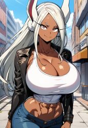 abs ai_generated big_breasts breasts brown_body brown_eyes brown_skin cleavage collarbone female female_focus female_only kemonogirls large_breasts long_hair mirko miruko muscular muscular_female my_hero_academia rumi_usagiyama tank_top white_hair white_tank_top