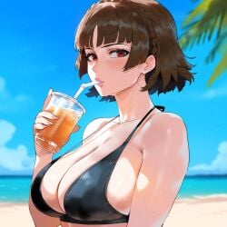 ai_generated beach bikini black_bikini brown_hair cleavage creamy_ai drinking holding_cup juice large_breasts makoto_niijima persona persona_5 red_eyes short_hair upper_body