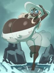 angstrom armpits dark-skinned_female dark_skin dress female_only glasses huge_ass hyper_breasts ocean spherical_breasts translucent translucent_clothing white_hair