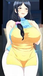 1girls apron big_breasts black_hair blush breasts clothed clothed_female clothing female female_only gaki_ni_modotte_yarinaoshi!!! huge_breasts large_breasts light-skinned_female light_skin looking_at_viewer milf pale-skinned_female pale_skin screencap screenshot sera's_mom_(gaki_ni_modotte_yarinaoshi!!!) solo solo_female standing stitched thighs voluptuous voluptuous_female white_skin yellow_eyes