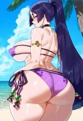 ai_generated ass ass_focus beach bikini cleavage creamy_ai curvy eyepatch_bikini fate/grand_order fate_(series) from_behind huge_ass huge_breasts long_hair minamoto_no_raikou_(fate/grand_order) purple_bikini purple_eyes purple_hair thick_thighs wide_hips