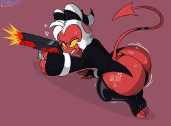 1boy angry angry_expression bottomless bottomless_male chubby demon demon_boy fingerless_gloves gun helluva_boss hips imp male male_focus male_only moxxie_(helluva_boss) on_knees red_bodt red_skin thetyrant thick_thighs thighhighs thong white_hair wide_hips yellow_sclera