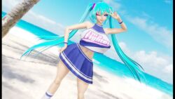 3d anya_jackal aqua_eyes aqua_hair beach big_breasts blue_eyes blue_hair cheerleader hatsune_miku mikumikudance mikumikudance_(medium) miniskirt mmd vocaloid