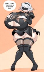 angstrom blindfold blush crossover grabbing_own_breast holding_breast hyper_breasts nier:_automata panties raine_sage skirt tales_of_(series) tales_of_symphonia text thick_thighs thighhighs white_hair yorha_2b_(cosplay)