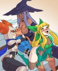 1boy 3girls aeolus06 ambiguous_penetration blonde_hair blue_eyes borrowed_character closed_eyes dark-skinned_female derpixon fandeltales fey_(derpixon) foursome fully_clothed grabbing green_eyes jean_(derpixon) orange_hair rizella_(derpixon) source_request sucking_nipples tagme witch_hat