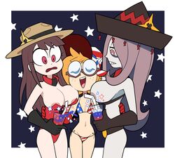 2019 3girls 4th_of_july akko_kagari american_flag american_flag_bikini american_flag_hat atsuko_kagari big_breasts blonde_hair blue_eyes breasts brown_hair clothing female female_only glasses hat kagari_atsuko little_witch_academia long_hair lotte_yansson miscon mountie nipples police purple_hair purple_skin rcmp red_eyes royal_canadian_mounted_police short_hair simple_background smile sucy_manbavaran uniform