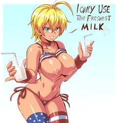 1girl 1girls american_flag american_flag_bikini american_flag_legwear american_flag_panties areolae armband armwarmer belly_button belt_collar big_breasts bikini_top_lift blonde_eyebrows blonde_hair blonde_hair_female blue_background blush blush_lines blushing blushing_female breast_milk breasts collarbone english_text eyebrows eyelashes female female_only fit_female green_eyes green_eyes_female gyaru lactation large_breasts lewdamone lipstick long_hair long_hair_female looking_at_viewer milk mito_ikumi navel nipples red_armband shiny_skin shokugeki_no_souma stockings sweat sweatdrop sweating thighhighs voluptuous voluptuous_female