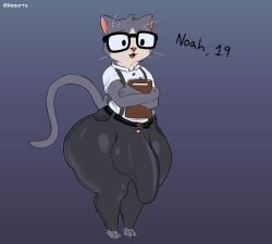 2024 anthro ass axoarts balls belt big_balls big_butt big_penis black_belt black_bottomwear black_clothing black_eyes black_eyewear black_glasses black_pants book bottomwear bulge clothing digital_media_(artwork) domestic_cat english_text eyewear felid feline felis front_view fur genitals glasses glistening glistening_bottomwear glistening_clothing glistening_pants grey_background grey_body grey_ears grey_fur grey_hair grey_tail hair hi_res holding_book holding_object huge_balls huge_cock huge_thighs male mammal multicolored_body multicolored_fur noah_(axoarts) overalls pants penis pink_nose shirt simple_background smile solo standing tail tan_body tan_fur text thick_thighs tight_bottomwear tight_clothing tight_pants tongue topwear two_tone_body two_tone_fur whiskers white_clothing white_shirt white_topwear