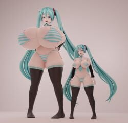 2girls 3d 3d_(artwork) bigger_female bikini blue_hair breast_envy giantess hatsune_miku hatsune_miku_(collared_bikini) huge_breasts jinouga97 striped_bikini thick_thighs thighhighs twintails vocaloid