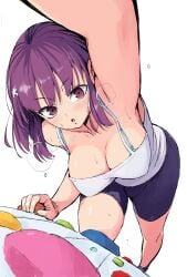 1girls armpit athletic_female athletic_shorts athletic_wear bra_showing bra_strap cleavage climbing climbing_wall female female_only gym_clothes ishizaka_ryuudai iwakakeru!_sport_climbing_girls kasahara_konomi large_breasts purple_eyes purple_hair shorts sweat sweating tank_top visible_breath