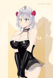 1girls big_breasts blush breasts female genshin_impact gray_hair green_eyes grey_hair huge_breasts john_apocalypse large_breasts maid maid_outfit maid_uniform noelle_(genshin_impact) solo solo_female thick_thighs thighs