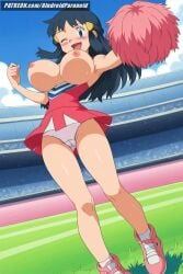 ai_generated aindroidparanoid big_breasts blue_eyes blue_hair breasts breasts_out cheering cheerleader cheerleader_outfit cheerleader_uniform crown cute dawn_(pokemon) grass hikari_(pokemon) huge_breasts long_hair moving narrow_waist nipples outdoors outside pokemon pom_poms pussy skirt skirt_lift slim stable_diffusion stadium taller_girl tits_out topless wide_hips