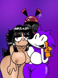 3girls anthro big_breasts big_hips black_hair breast_press breasts breasts_squeezed_together female female_anthro female_only gloves hedgehog hedgehog_girl hedgehog_humanoid hips long_black_hair long_hair needlemouse_(character) needlemouse_(series) nipples oc orange_gloves purple_fur pussy red_sclera sarah_henderson_(needlemouse) thick_thighs thighs