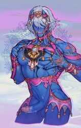 1boy blue_skin cum erect_nipples erect_penis erection groping_breasts groping_self guilty_gear guilty_gear_strive happy_chaos harness horn horns jewelry leather leather_straps male_only mouth_hook muscular muscular_male nude_male pearls penis pink_outfit pink_straps precum tattoo tattoos white_hair