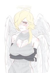 1girls ahoge angel angel_girl angel_wings black_gloves blonde_hair blush cleavage cleavage_cutout colored_skin crossed_arms elbow_gloves feathered_wings funamusea genderbent genderswap_(mtf) grey_sweater hair_over_one_eye halo hiuchiru large_breasts long_hair red_eyes rule_63 simple_background solo solo_female sweatdrop sweater taffy_(funamusea) virgin_killer_sweater white_background white_skin white_wings wings