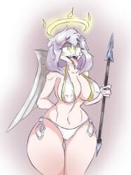 angel angel_wings big_breasts bikini bikini_bottom bikini_top breasts breasts breasts cum cum_in_mouth cum_on_face female female_focus female_only horny meremor nipple_piercing nipples_visible_through_clothing spear sperm thick_thighs thighs wings