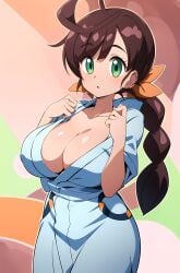 1girls ai_generated big_breasts breasts brown_hair chloe_(pokemon) cleavage female female_focus female_only green_eyes large_breasts light-skinned_female light_skin long_hair nintendo pokemon pokemon_journeys ryuzam solo