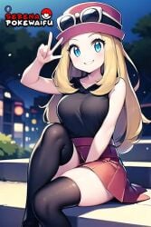 ai_generated black_stockings blonde_hair blue_eyes game_freak hat nintendo red_skirt serena_(pokemon) sitting thighhighs thighs