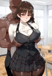 1boy ai_generated brown_hair creamy_ai curvy dark-skinned_male female grabbing_another's_breast grabbing_from_behind large_breasts makoto_niijima pantyhose persona persona_5 red_eyes school_uniform short_hair shuujin_academy_uniform skindentation thick_thighs wide_hips