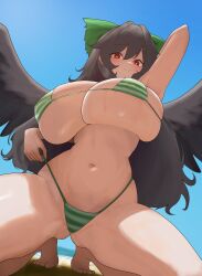 asian asian_female bikini black_hair green_bikini huge_breasts looking_at_viewer looking_down moriforest1040 swimsuit thick_thighs touhou utsuho_reiuji wings