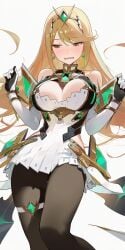 ai_generated bangs bare_shoulders blonde_hair blush breasts cleavage cleavage_cutout dress drowsy_sheep earrings elbow_gloves female gem gloves headpiece jewelry large_breasts long_hair looking_at_viewer mythra mythra_(xenoblade) pantyhose short_dress simple_background solo swept_bangs thigh_strap tiara white_dress xenoblade_(series) xenoblade_chronicles_2 yellow_eyes