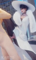 1boy 1girls 3d animated bayonetta bayonetta_(character) bayonetta_2 blender choker erection female fur fur_boa fur_scarf glasses gloves hat kaisto male no_sound pantyhose penetration penis pussy sex short_hair straight vaginal_penetration video white_dress