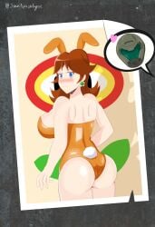 1girls ass big_ass big_breasts blue_eyes blush breasts brown_hair bunny_ears bunnysuit female huge_ass john_apocalypse large_ass large_breasts mario_(series) nintendo photograph picture picture_(object) princess_daisy solo solo_female super_mario_bros. thick_thighs thighs