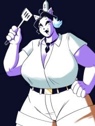 anthro breasts catty catty_(undertale) cleavage clothed clothing collared_shirt cosplay dracozhilla ear_piercing ear_ring felid feline female frycook hi_res humanoid khaki_shorts mammal necktie nickelodeon nicktoons piercing ring_piercing slightly_chubby solo spatula spongebob_squarepants tools undertale_(series)