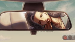 1boy black_hair blazer blue_sky breasts car car_interior censored cleavage collarbone commentary_request earrings elleciel.eud erection executive_mishiro fellatio female formal green_eyes ground_vehicle hair_pulled_back head_tilt idolmaster idolmaster_cinderella_girls jacket jewelry long_hair mirror motor_vehicle necklace neltumo one_eye_closed open_mouth oral penis ponytail rear-view_mirror sky suit tongue tongue_out traffic_light