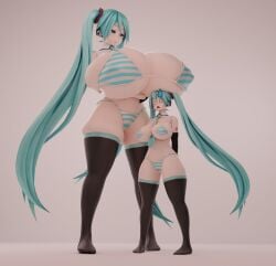 2girls 3d 3d_(artwork) bigger_female bikini blue_hair giantess hatsune_miku hatsune_miku_(collared_bikini) huge_breasts jinouga97 striped_bikini thick_thighs thighhighs twintails vocaloid