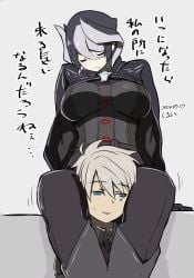 1boy 1girls big_breasts black_and_white_hair female femdom fully_clothed head_between_thighs headlock japanese_text jiruo made_in_abyss male malesub ozen shimatora short_hair sitting sweatdrop two_tone_hair