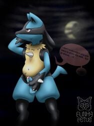 2_ears 4_fingers anthro balls belly belly_fluff blue_body blurred_background bodily_fluids canid canine chest_spike claws cloud cloudy_sky cum embarrassed erection facial_markings fingers foreskin funkyfetus generation_4_pokemon genital_fluids genitals head_markings hi_res leaking_cum lucario male mammal markings masturbation moon multicolored_body navel neck_tuft nintendo penis pokemon pokemon_(species) red_eyes signature simple_background sky solo solo_focus solo_in_panel speech_bubble spikes spikes_(anatomy) standing tail tuft yellow_body