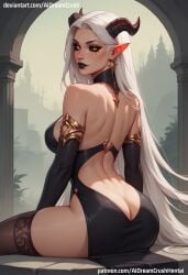 ai_generated aidreamcrush back demon dress elf_ears eyes female hair horns sitting white_hair