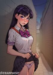 ai_eyes ai_generated ai_hands akabur_style black_hair blush disney embarrassed long_hair looking_at_viewer meat_master medium_breasts outdoors panties pixar public school_uniform schoolgirl skirt_lift the_incredibles violet_parr