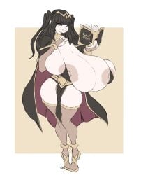 1girls bikini boobs book breasts cape dullvivid female female_only fire_emblem fire_emblem_awakening gigantic_breasts heavy_breasts nintendo nipples nipples_covered nipples_visible_through_bikini only_female pelvic_curtain smile solo tharja_(fire_emblem) thighhighs tits