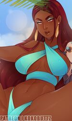 1girls 2d bikini breasts clothing dark-skinned_female dark_skin earrings female female_only hair kokobuttz long_hair overwatch solo symmetra video_games