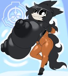 angstrom anthro black_sclera breasts_bigger_than_head canine d-class dog_girl female_only furry huge_breasts hyper_breasts jumpsuit latex_suit mal0 removing_clothing scp scp-1471 scp_foundation shortstack skull solo top_heavy