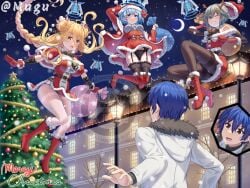 1boy 2d 2d_(artwork) 3girls ass big_breasts blonde_hair blue_eyes blue_hair breasts christmas_outfit city date_a_live himekawa_yoshino honjou_nia hoshimiya_mukuro itsuka_shido light-skinned_female long_hair medium_breasts night_sky panties pantyhose short_hair small_breasts thighs tsubasaki white_hair yellow_eyes