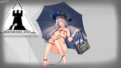 alternate_version_available arknights artist_signature barefoot blush bondage breasts feet female hair_over_one_eye harness holding_purse holding_umbrella hypergryph in-game_logo konishi_(565112307) medium_breasts naked nipple_rings nipples nude orchid_(arknights) purple_hair pussy rhodes_island_logo rope studio_montagne sun_hat umbrella yellow_eyes yostar