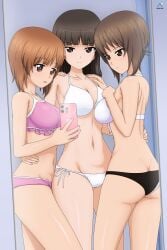 3girls acrux ass girls_und_panzer large_breasts long_hair milf mother_and_daughter nishizumi_maho nishizumi_miho nishizumi_shiho selfie short_hair sisters swimsuit