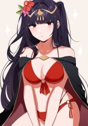 1girls alternate_costume alternate_version_available bikini black_cape black_eyes black_hair blunt_bangs blush breasts cape circlet cleavage collarbone female female_only fire_emblem fire_emblem_awakening fire_emblem_heroes flower gmais2514 gold_trim grey_background hair_flower hair_ornament highres large_breasts long_hair looking_at_viewer nintendo official_alternate_costume pink_flower red_bikini red_cape red_flower red_swimsuit simple_background solo swimsuit tharja_(fire_emblem) tharja_(summer)_(fire_emblem) two-tone_cape two_side_up