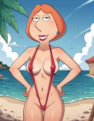 ai_generated areolae beach cameltoe clouds earrings family_guy hands_on_hips lois_griffin red_hair sand sky sling_bikini slingshot_swimsuit smile stable_diffusion upper_body water