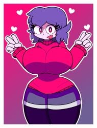 big_breasts big_thighs female female heart huge_thighs ichigo_inoue_(sunrisenew) oc original_character peace_sign purple_hair red_eyes red_sweater shorts sweater verdoshonsfw voluptuous white_skin